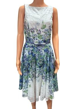 Danny & Nicole White Lace Midi Dress with Blue and Green Floral Print